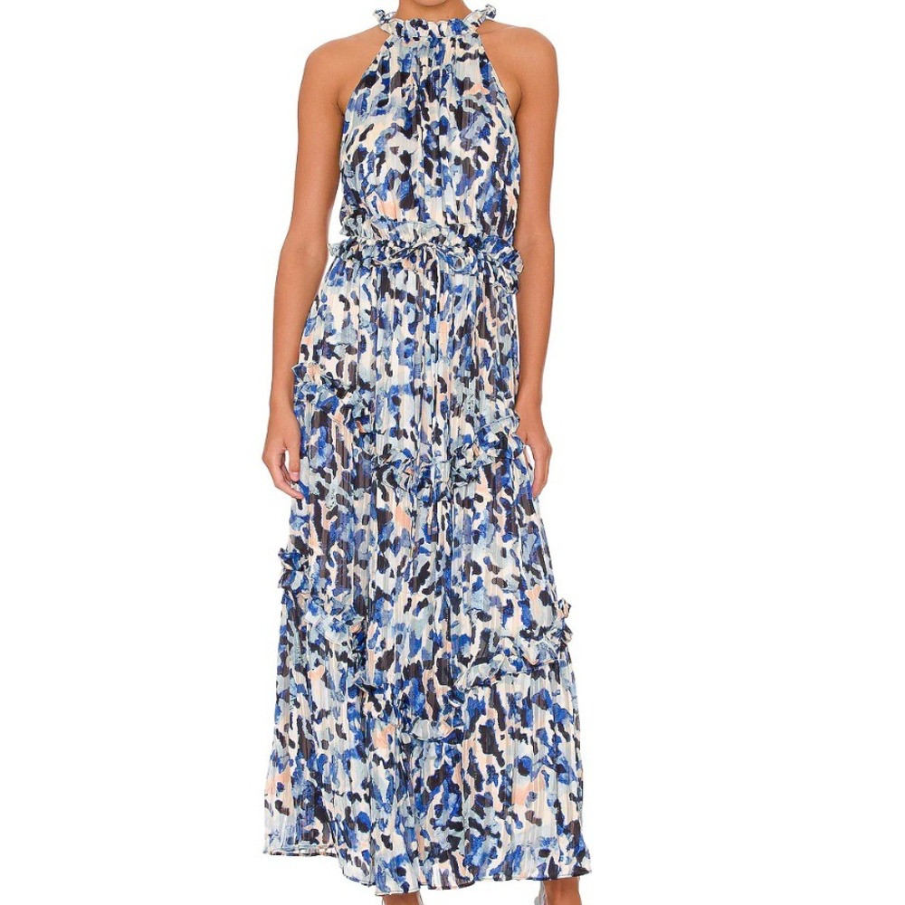 Blue Metallic Pleated Halter Maxi Dress Elliatt Iridescence Wedding Guest M NWT